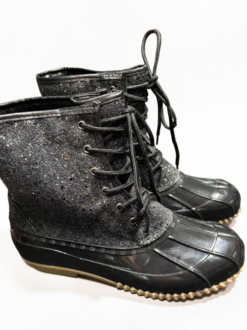 Sugar Skylar 2 Black Glitter Duck Boots Size 9 NWOT